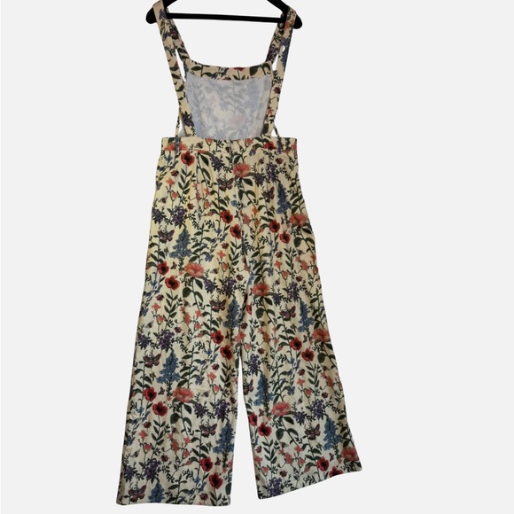 Lightweight Corduroy Floral Wide Leg Jumpsuit Bib Overalls Ivory XL Boho - Picture 5 of 6